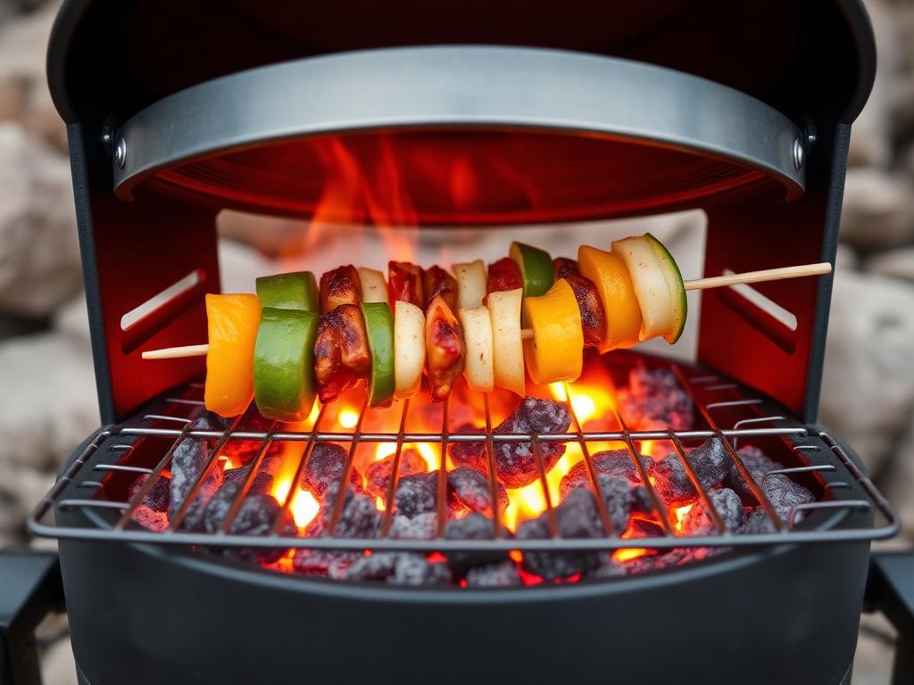 Brasas de carbón encendidas bajo la rejilla con brochetas cocinándose